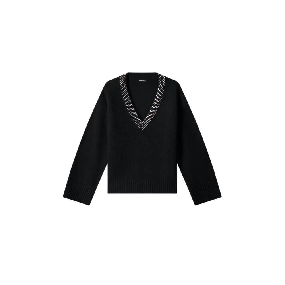 NEW MINNIE ROSE women's embellished v-neck sweater in black